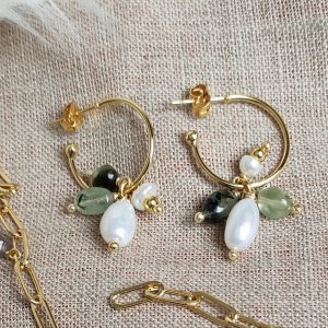 Pendientes Irene – Baño de oro, perlas y cuarzos
